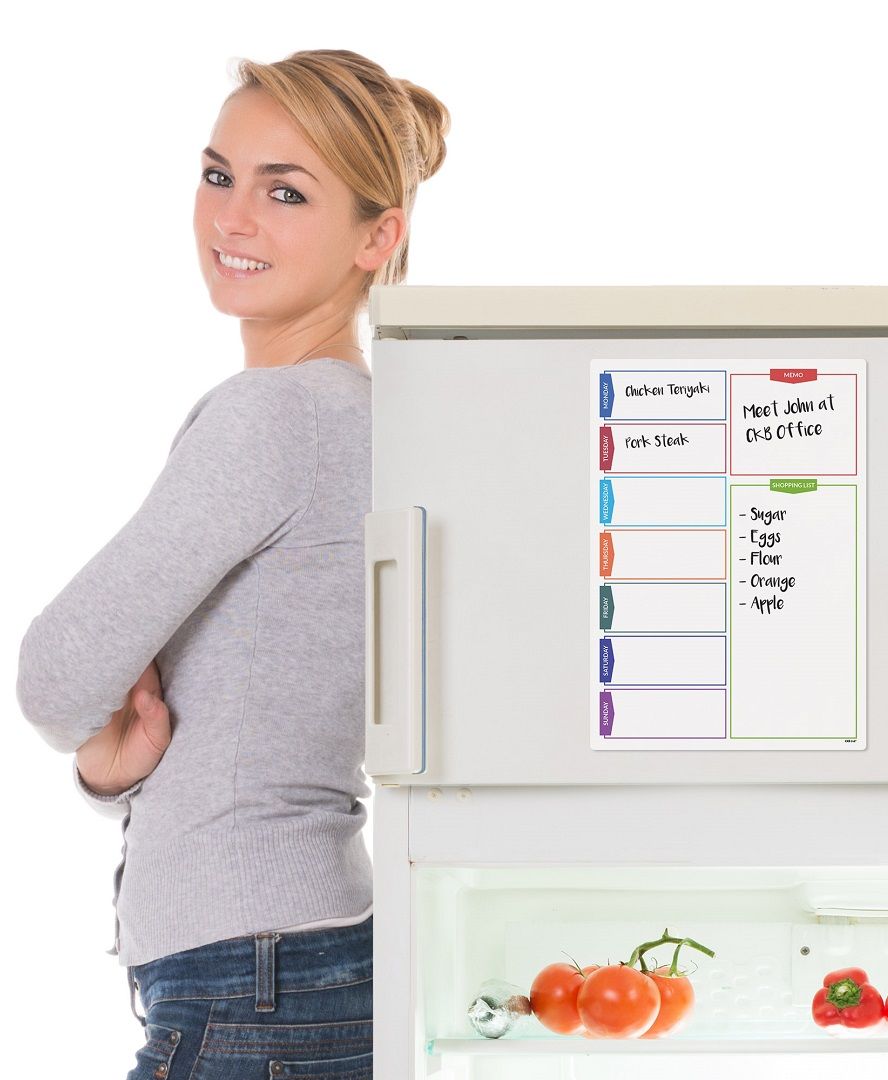 Magnetic Daily Planner Board With Shopping List on a fridge
