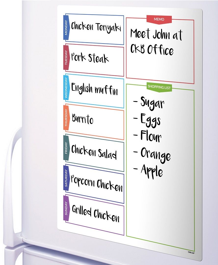 Magnetic Daily Planner Board With Shopping List on a fridge